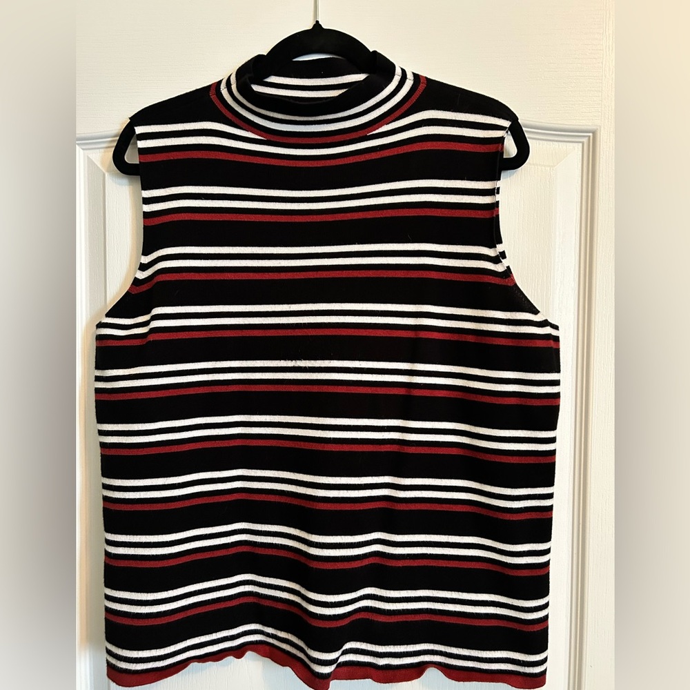 Nine West Striped Sleeveless Mock Neck Tank - Black, White & Burgundy XXL